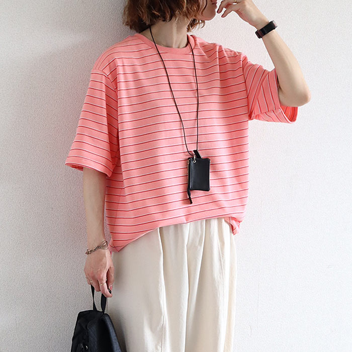 Tシャツ パイル地 マルチボーダー 夏 体型カバー トップス レディース カットソー 春 白 半袖 五分袖 コットン混 綿混 二の腕隠し ^t1144^【タイムセール】 | uricca | 06