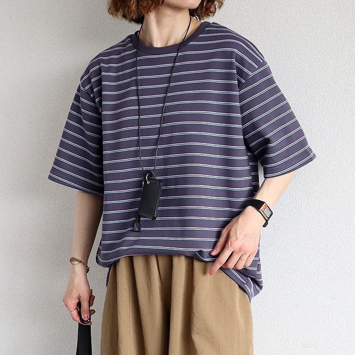 Tシャツ パイル地 マルチボーダー 夏 体型カバー トップス レディース カットソー 春 白 半袖 五分袖 コットン混 綿混 二の腕隠し ^t1144^【タイムセール】 | uricca | 03