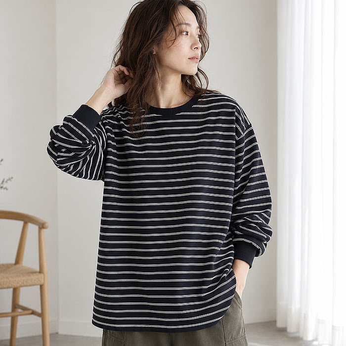 マルチボーダー Tシャツ ロンT トップス レディース 秋 冬カットソー 長袖 パイル地 綿混 体型カバー 重ね着 レイヤード 厚手 韓国 ^t1144n^ | uricca | 01