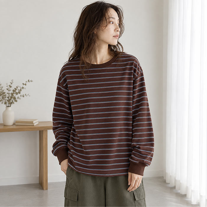 マルチボーダー Tシャツ ロンT トップス レディース 秋 冬カットソー 長袖 パイル地 綿混 体型カバー 重ね着 レイヤード 厚手 韓国 ^t1144n^ | uricca | 04