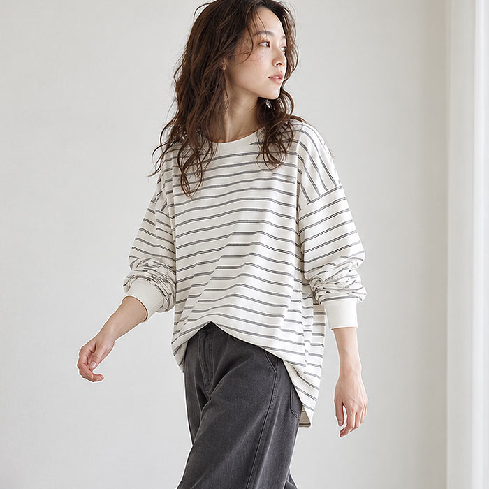 マルチボーダー Tシャツ ロンT トップス レディース 秋 冬カットソー 長袖 パイル地 綿混 体型カバー 重ね着 レイヤード 厚手 韓国 ^t1144n^ | uricca | 02