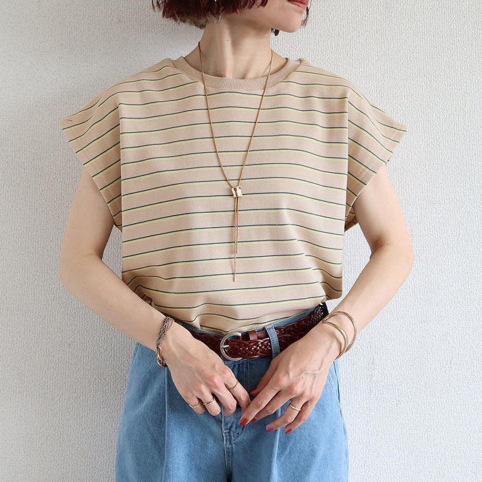 Tシャツ レディース 半袖 体型カバー マルチボーダー パイル地 フレンチスリーブ トップス 春 夏 白 おしゃれ コットン混 綿混 ^t1145^【タイムセール】 | uricca | 07