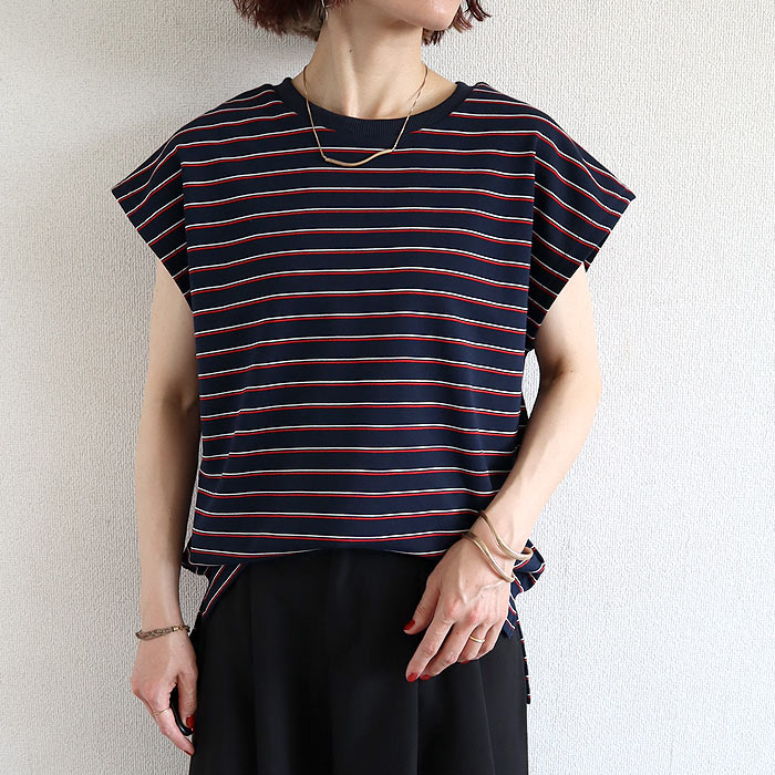 Tシャツ レディース 半袖 体型カバー マルチボーダー パイル地 フレンチスリーブ トップス 春 夏 白 おしゃれ コットン混 綿混 ^t1145^【タイムセール】 | uricca | 01