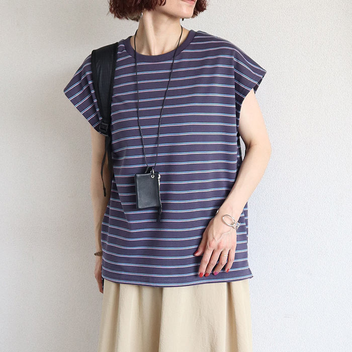 Tシャツ レディース 半袖 体型カバー マルチボーダー パイル地 フレンチスリーブ トップス 春 夏 白 おしゃれ コットン混 綿混 ^t1145^【タイムセール】 | uricca | 03