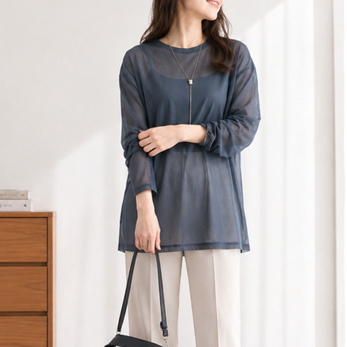 1194円 クーポンで！ シアートップス レディース トップス カットソー シアー Tシャツ 接触冷感 透け感 レイヤード 長袖 春 夏 白 黒 おしゃれ [郵1]^t1147^ | uricca | 03