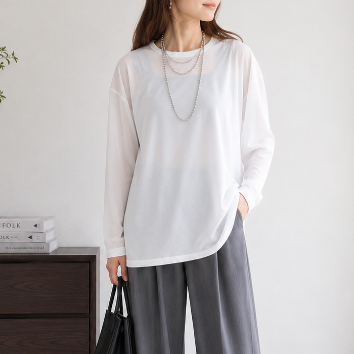1194円 クーポンで！ シアートップス レディース トップス カットソー シアー Tシャツ 接触冷感 透け感 レイヤード 長袖 春 夏 白 黒 おしゃれ [郵1]^t1147^ | uricca | 02