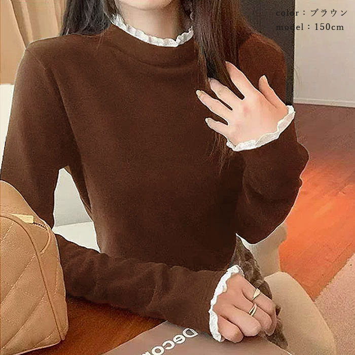 カットソー レディース トップス ハイネック 長袖 レース レイヤード風 裏起毛 あったか もちもち やわらか 伸縮性 無地 おしゃれ 秋 冬 白 黒 ^t1152^ | uricca | 17