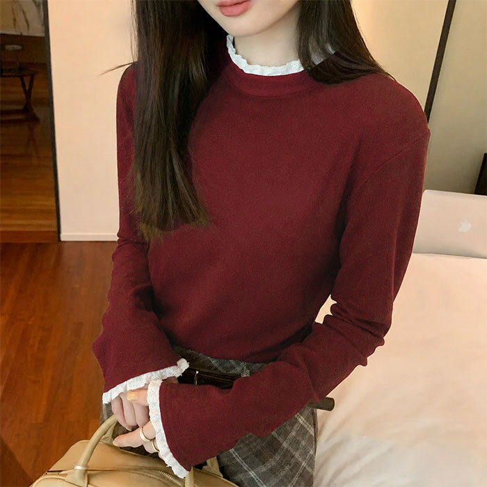 カットソー レディース トップス ハイネック 長袖 レース レイヤード風 裏起毛 あったか もちもち やわらか 伸縮性 無地 おしゃれ 秋 冬 白 黒 ^t1152^ | uricca | 05