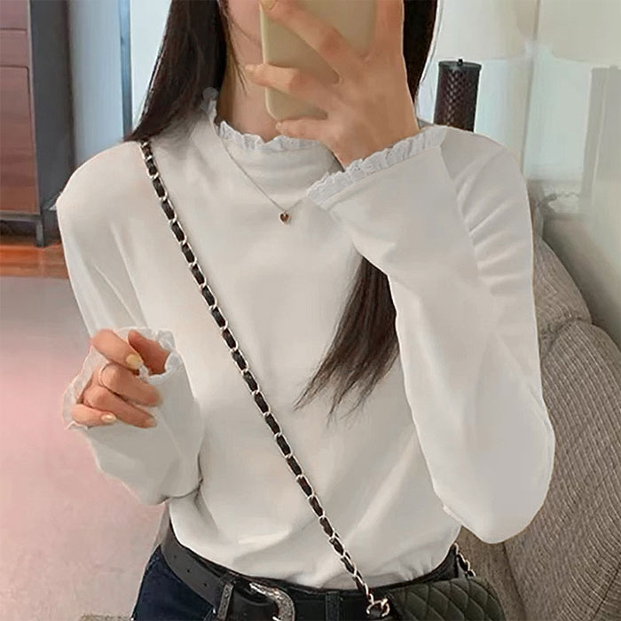 カットソー レディース トップス ハイネック 長袖 レース レイヤード風 裏起毛 あったか もちもち やわらか 伸縮性 無地 おしゃれ 秋 冬 白 黒 ^t1152^ | uricca | 03