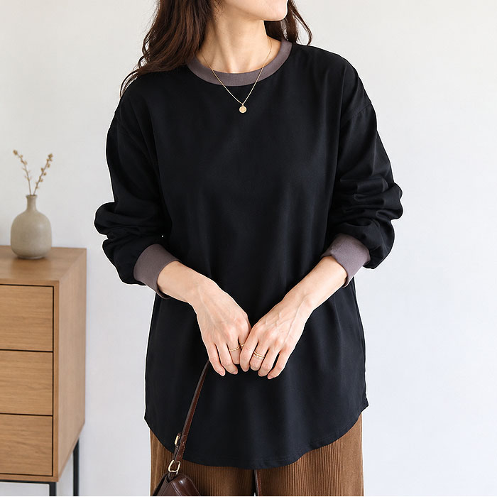 Tシャツ カットソー 長袖 ロンT バイカラー レディース 大きいサイズ きれいめ 綿混 秋 冬 ゆったり 体型カバー 白 無地 黒 トップス ^t1153^[郵1.5] | uricca | 03