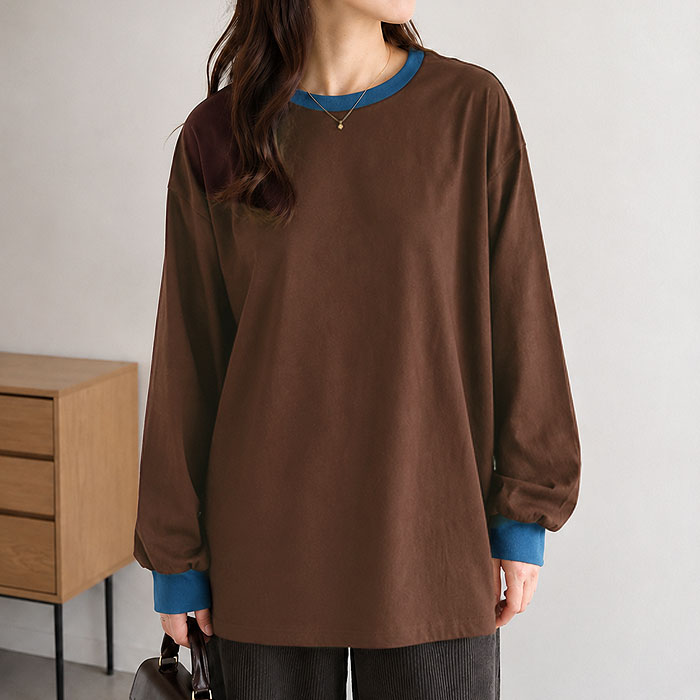 Tシャツ カットソー 長袖 ロンT バイカラー レディース 大きいサイズ きれいめ 綿混 秋 冬 ゆったり 体型カバー 白 無地 黒 トップス ^t1153^[郵1.5] | uricca | 05
