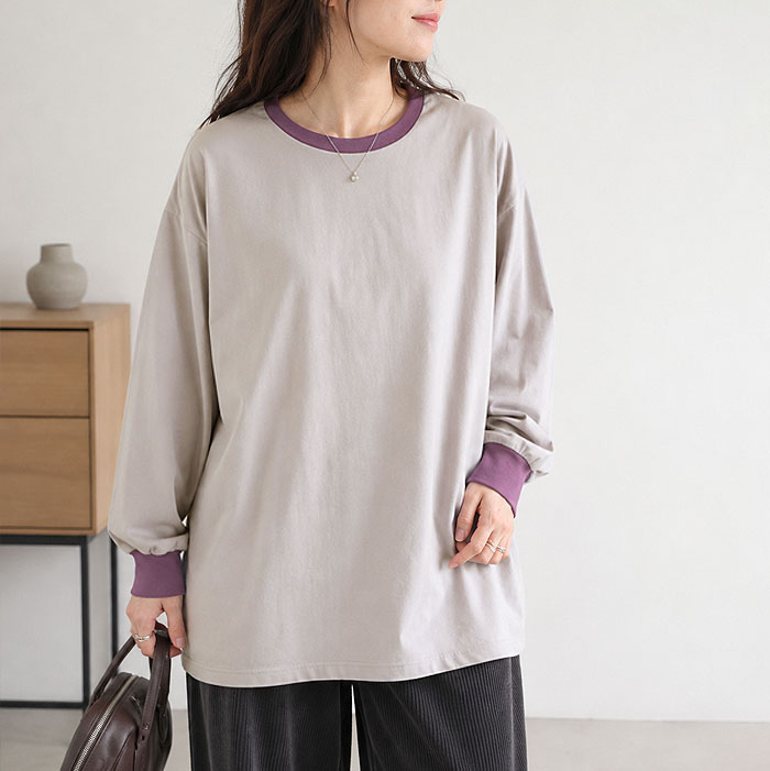 Tシャツ カットソー 長袖 ロンT バイカラー レディース 大きいサイズ きれいめ 綿混 秋 冬 ゆったり 体型カバー 白 無地 黒 トップス ^t1153^[郵1.5] | uricca | 02