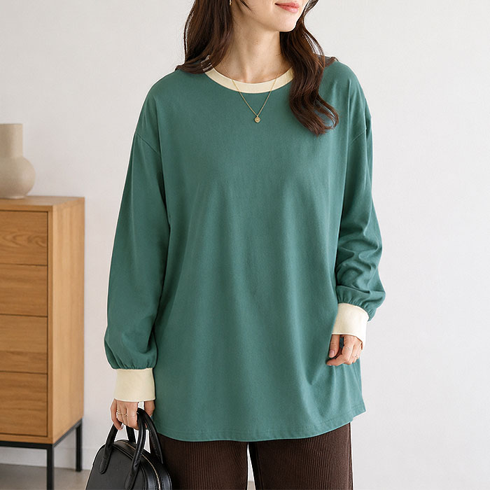 Tシャツ カットソー 長袖 ロンT バイカラー レディース 大きいサイズ きれいめ 綿混 秋 冬 ゆったり 体型カバー 白 無地 黒 トップス ^t1153^[郵1.5] | uricca | 06
