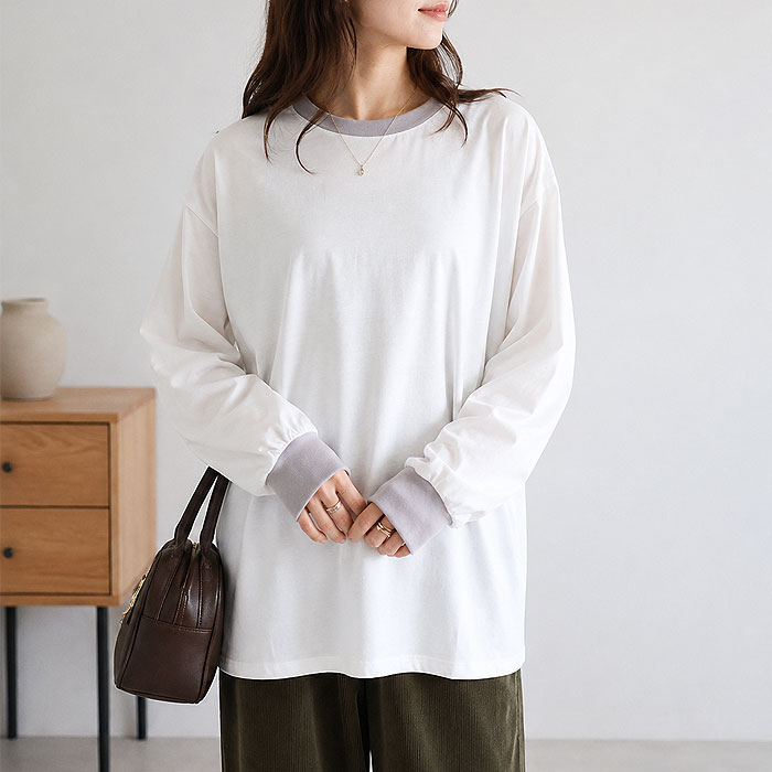 Tシャツ カットソー 長袖 ロンT バイカラー レディース 大きいサイズ きれいめ 綿混 秋 冬 ゆったり 体型カバー 白 無地 黒 トップス ^t1153^[郵1.5] | uricca | 01