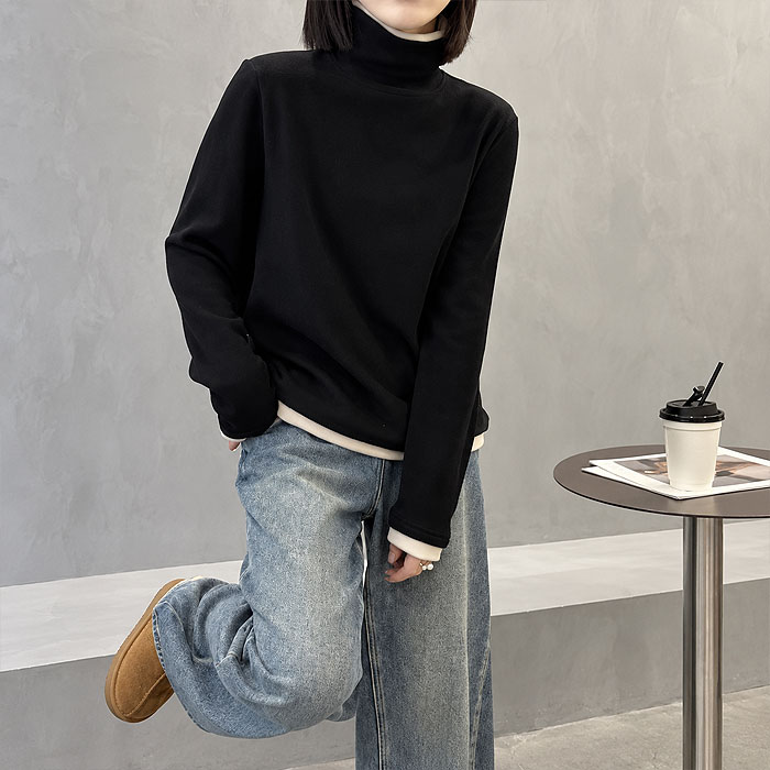 トップス レディース カットソー フリース 黒 秋 冬 おしゃれ 長袖 ハイネック レイヤード風 重ね着風 起毛 極暖 暖かい ^t1157^ | uricca | 01