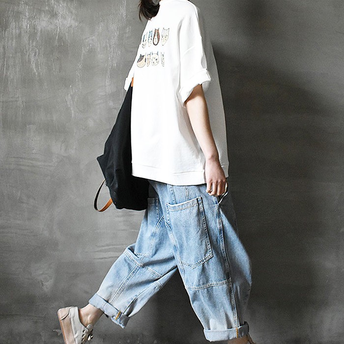 tシャツ レディース トップス 半袖 春 夏 黒 白 おしゃれ 猫 キャットCAT ロゴ プリント ポケット [郵2]^t734^ | uricca | 04