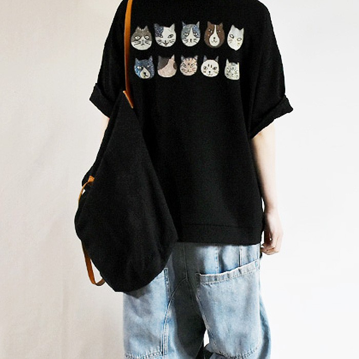 tシャツ レディース トップス 半袖 春 夏 黒 白 おしゃれ 猫 キャットCAT ロゴ プリント ポケット [郵2]^t734^ | uricca | 09