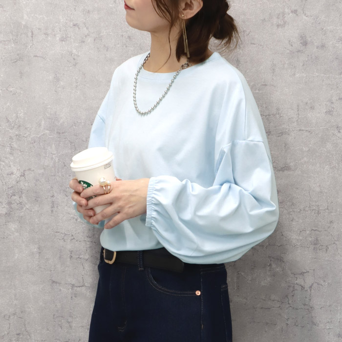 Tシャツ レディース トップス ロンT 長袖 春 秋 冬 黒 白 おしゃれ かわいい 30代 40代 50代 無地 ぽわん袖 [郵1.5]^t764^ | uricca | 07