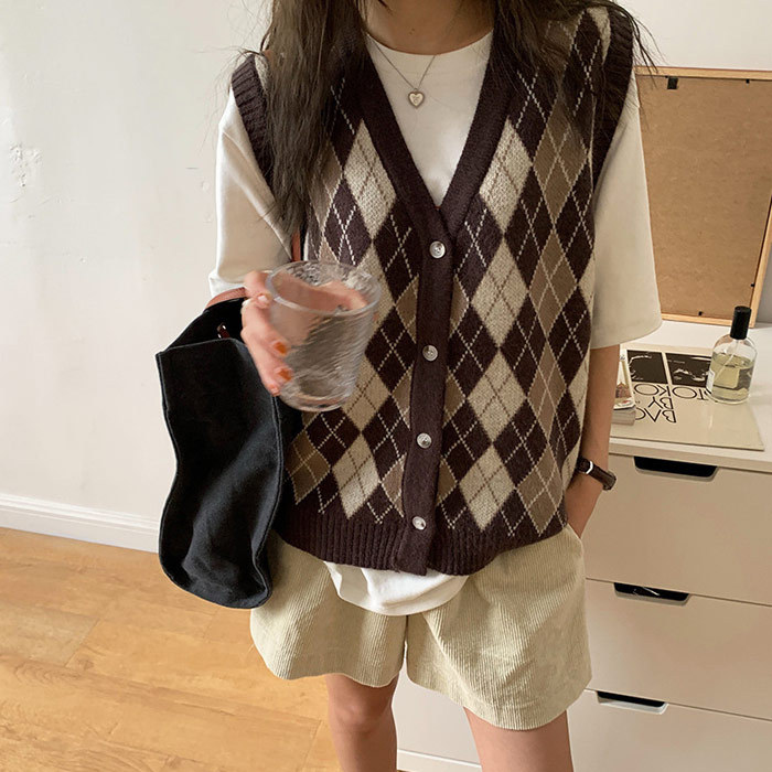 ニットベスト ニット レディース チェック柄 アーガイル 前開き トップス 韓国 部屋着 防寒 春ニット ゆうパケット 郵3 T0 セール 登場から人気沸騰