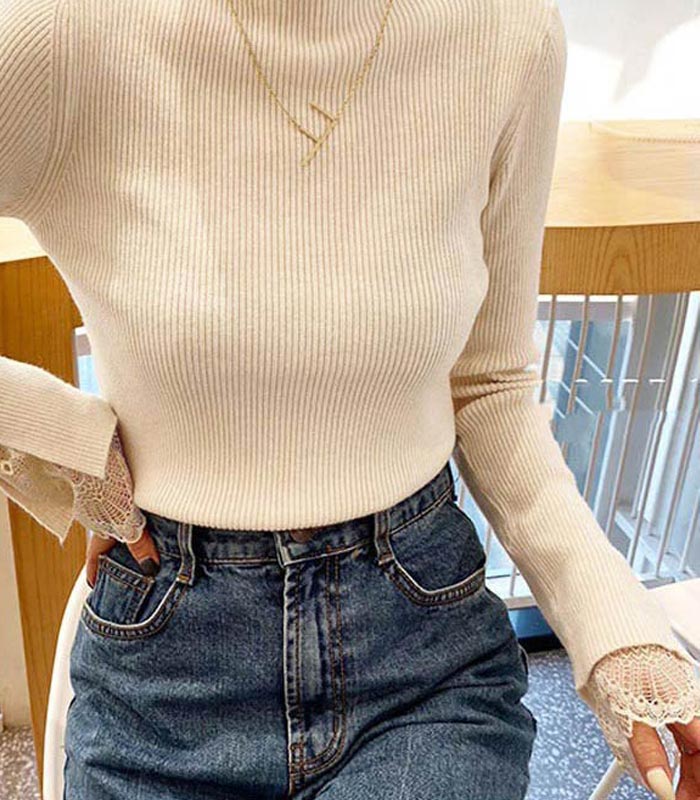 1611円 クーポンで！ ニット セーター レディース 秋 冬 黒 白 おしゃれ ハイネック タートルネック インナー トップス リブ レース [郵3]^t912^ | uricca | 14