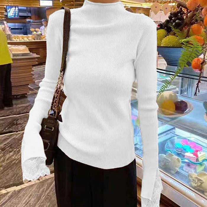 1611円 クーポンで！ ニット セーター レディース 秋 冬 黒 白 おしゃれ ハイネック タートルネック インナー トップス リブ レース [郵3]^t912^ | uricca | 04