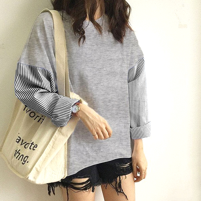 Tシャツ レディース トップス ロンT 長袖 春 秋 冬  黒 白 おしゃれ かわいい 薄手 ストライプ 異素材MIX [郵1.5]^t915^ | uricca | 04