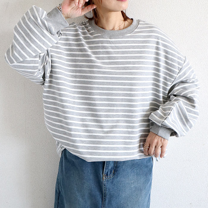 トレーナー トップス レディース 長袖 春 秋 冬 黒 白 おしゃれ かわいい ボーダー 柄 ロング コットン100 [郵3]^t951^ | uricca | 04