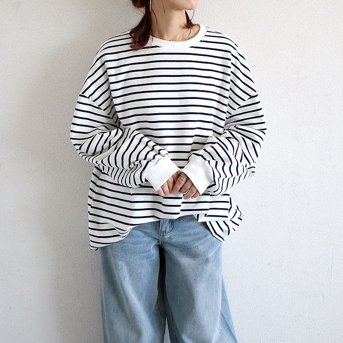 トレーナー トップス レディース 長袖 春 秋 冬 黒 白 おしゃれ かわいい ボーダー 柄 ロング コットン100 [郵3]^t951^ | uricca | 03