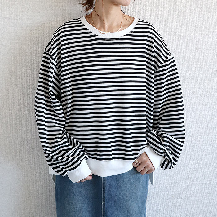 トレーナー スウェット トップス レディース 長袖 秋 冬 黒 白 おしゃれ かわいい ボーダー 柄 ニットタッチ [郵3]^t959n^ | uricca | 01