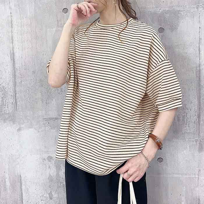「1295円 3点購入クーポンで」 Tシャツ レディース トップス 半袖 春 夏 黒 白 おしゃれ ボーダー 柄 きれいめ 5分袖 ゆったり [郵3]^t975^ | uricca | 04