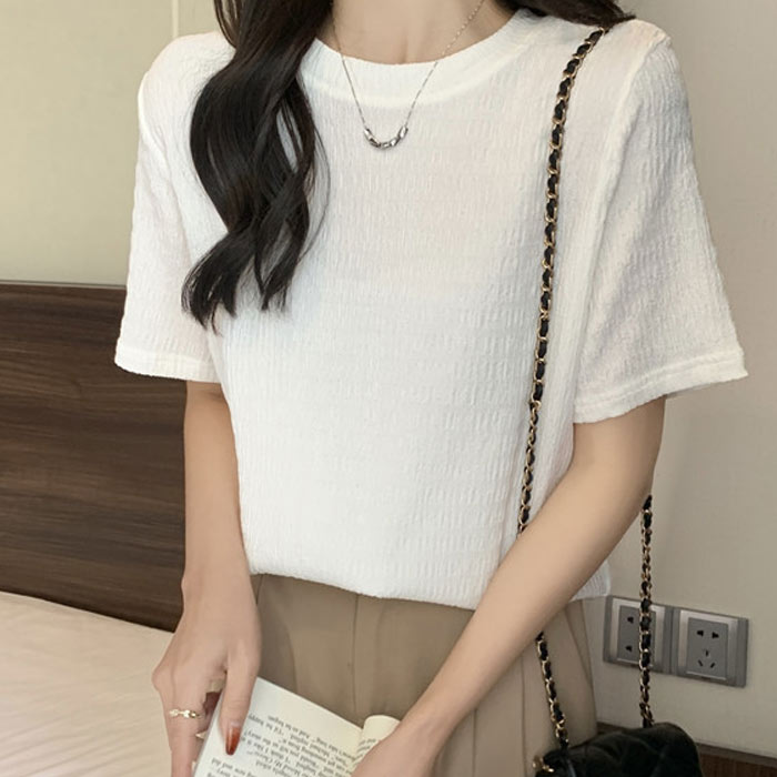 tシャツ レディース トップス 半袖 春 夏 黒 白 おしゃれ ジャガード エンボス プルオーバー カットソー [郵2]^t976^爆買 | uricca | 01