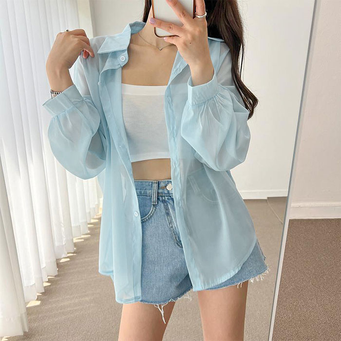 ブラウス シャツ レディース トップス 長袖 UVカット 春 夏 黒 白 おしゃれ かわいい オフィス シースルー シアー [郵1.5]^v178^ | uricca | 06