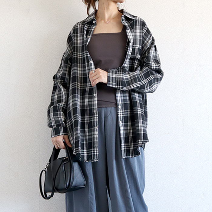 ブラウス シャツ トップス レディース ネルシャツ 長袖 秋 冬 白 黒 チェック 柄 おしゃれ 重ね着 レイヤード [郵2]^v191^バナー | uricca | 01