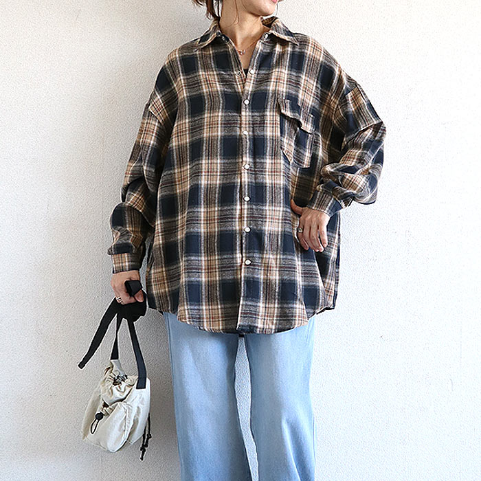 ブラウス シャツ トップス レディース ネルシャツ 長袖 秋 冬 白 黒 チェック 柄 おしゃれ 重ね着 レイヤード [郵2]^v191^バナー | uricca | 03