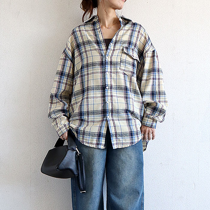 ブラウス シャツ トップス レディース ネルシャツ 長袖 秋 冬 白 黒 チェック 柄 おしゃれ 重ね着 レイヤード [郵2]^v191^バナー | uricca | 05