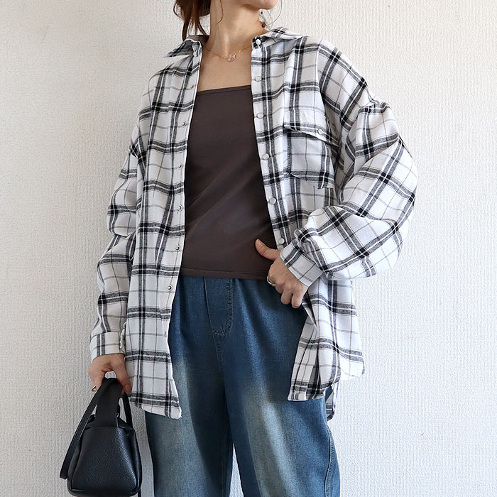 ブラウス シャツ トップス レディース ネルシャツ 長袖 秋 冬 白 黒 チェック 柄 おしゃれ 重ね着 レイヤード [郵2]^v191^バナー | uricca | 06