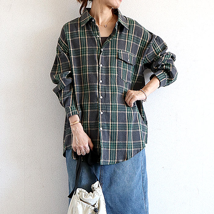 ブラウス シャツ トップス レディース ネルシャツ 長袖 秋 冬 白 黒 チェック 柄 おしゃれ 重ね着 レイヤード [郵2]^v191^バナー | uricca | 07
