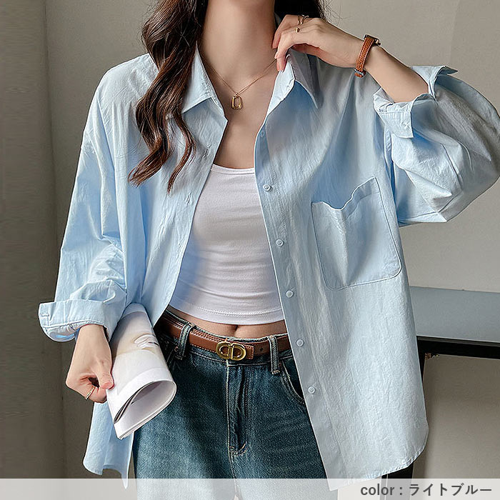 シャツ レディース トップス UV対策 綿 コットン 春 夏 秋 白 黒 長袖 カットソー 襟付き 無地 ポケット 羽織り [郵2]^v196^ | uricca | 20