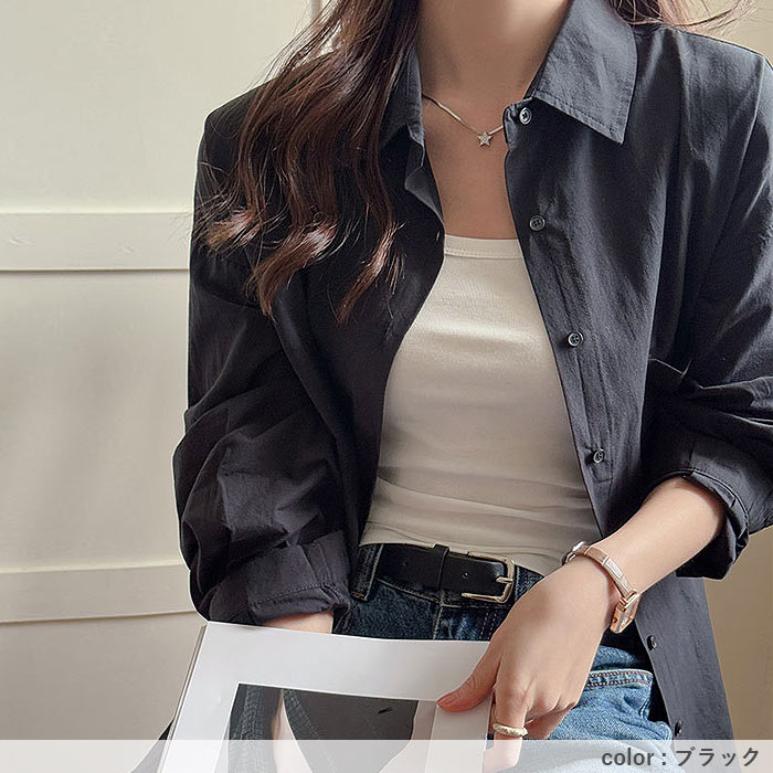 シャツ レディース トップス UV対策 綿 コットン 春 夏 秋 白 黒 長袖 カットソー 襟付き 無地 ポケット 羽織り [郵2]^v196^ | uricca | 15