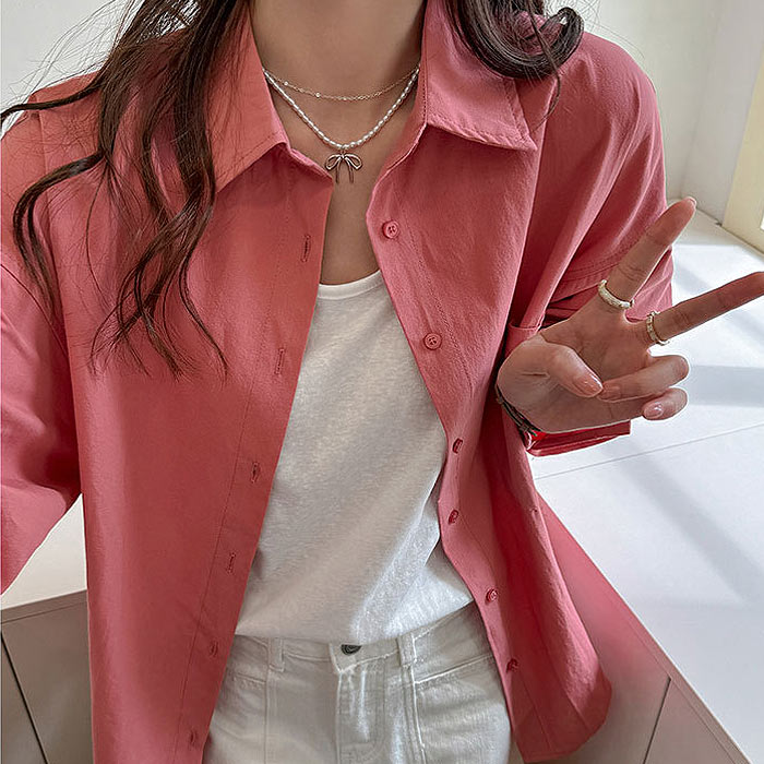 シャツ レディース トップス UV対策 綿 コットン 春 夏 秋 白 黒 長袖 カットソー 襟付き 無地 ポケット 羽織り [郵2]^v196^ | uricca | 09