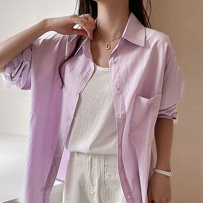 シャツ レディース トップス UV対策 綿 コットン 春 夏 秋 白 黒 長袖 カットソー 襟付き 無地 ポケット 羽織り [郵2]^v196^ | uricca | 06