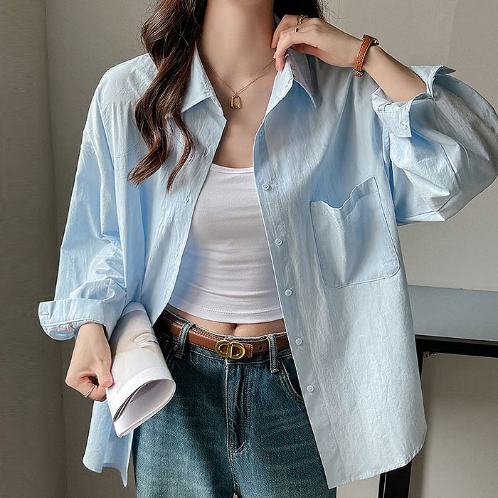 シャツ レディース トップス UV対策 綿 コットン 春 夏 秋 白 黒 長袖 カットソー 襟付き 無地 ポケット 羽織り [郵2]^v196^ | uricca | 02