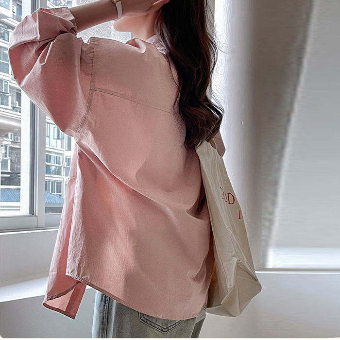 シャツ レディース トップス UV対策 綿 コットン 春 夏 秋 白 黒 長袖 カットソー 襟付き 無地 ポケット 羽織り [郵2]^v196^ | uricca | 08