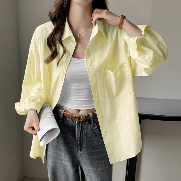 シャツ レディース トップス UV対策 綿 コットン 春 夏 秋 白 黒 長袖 カットソー 襟付き 無地 ポケット 羽織り [郵2]^v196^ | uricca | 07