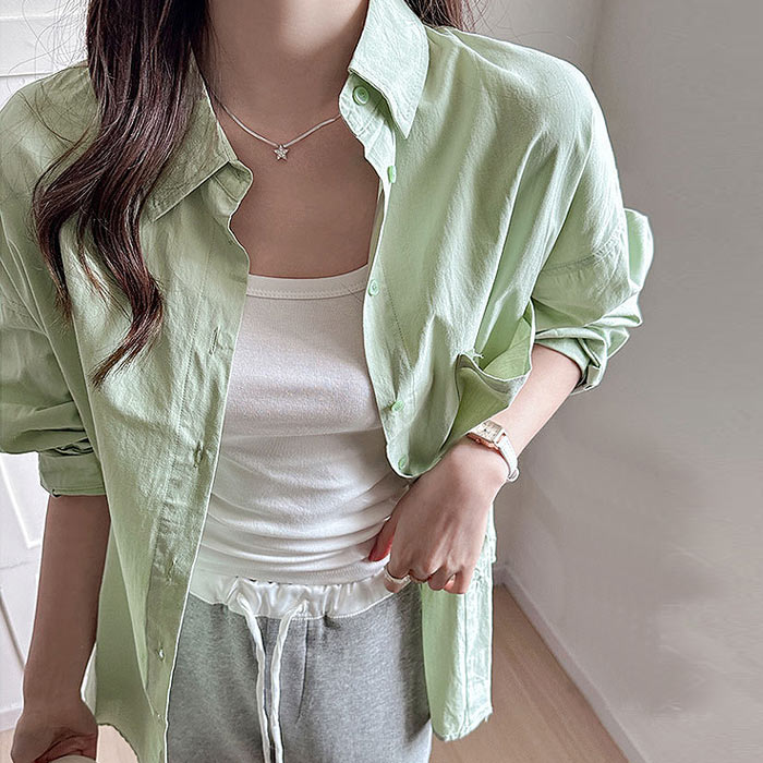 シャツ レディース トップス UV対策 綿 コットン 春 夏 秋 白 黒 長袖 カットソー 襟付き 無地 ポケット 羽織り [郵2]^v196^ | uricca | 05