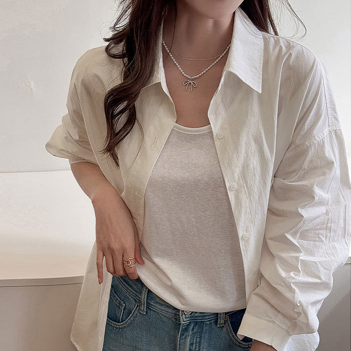 シャツ レディース トップス UV対策 綿 コットン 春 夏 秋 白 黒 長袖 カットソー 襟付き 無地 ポケット 羽織り [郵2]^v196^ | uricca | 01