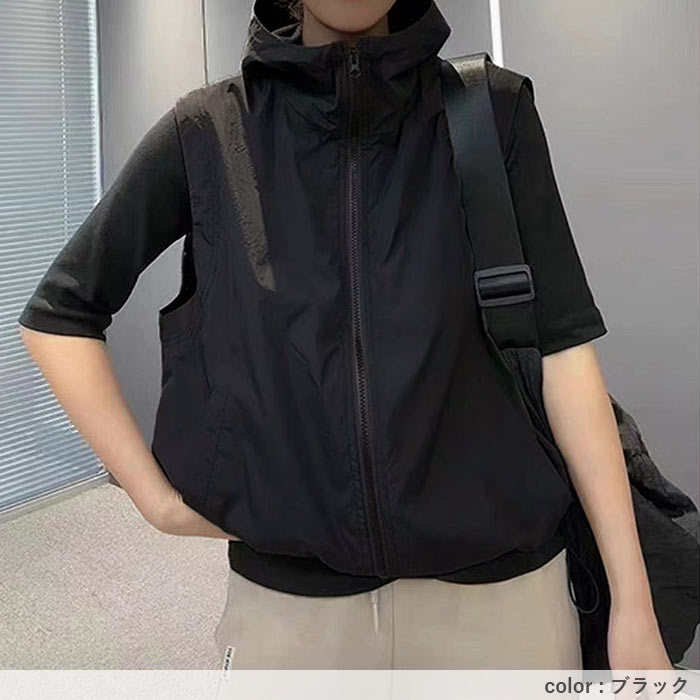 パーカー ベスト レディース サマーベスト ノースリーブ フード付き ジップアップ 黒 白 春 夏 おしゃれ ^v201^ | uricca | 08