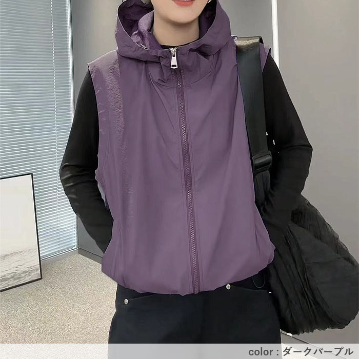 パーカー ベスト レディース サマーベスト ノースリーブ フード付き ジップアップ 黒 白 春 夏 おしゃれ ^v201^ | uricca | 12