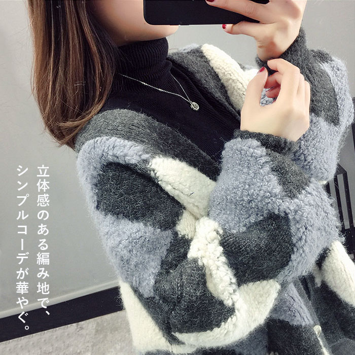 カーディガン レディース アーガイル オーバーサイズ ゆったり 長袖 大きめ 体型カバー 羽織り 秋冬 ニットカーディガン カジュアル 大人可愛い [郵3]^v208^ | uricca | 02