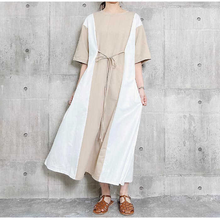 バイカラーワンピース ワンピ ウェストマーク ゆる ひざ丈 半袖 ワンピース レディース [郵3]^w650^爆買 | uricca | 11